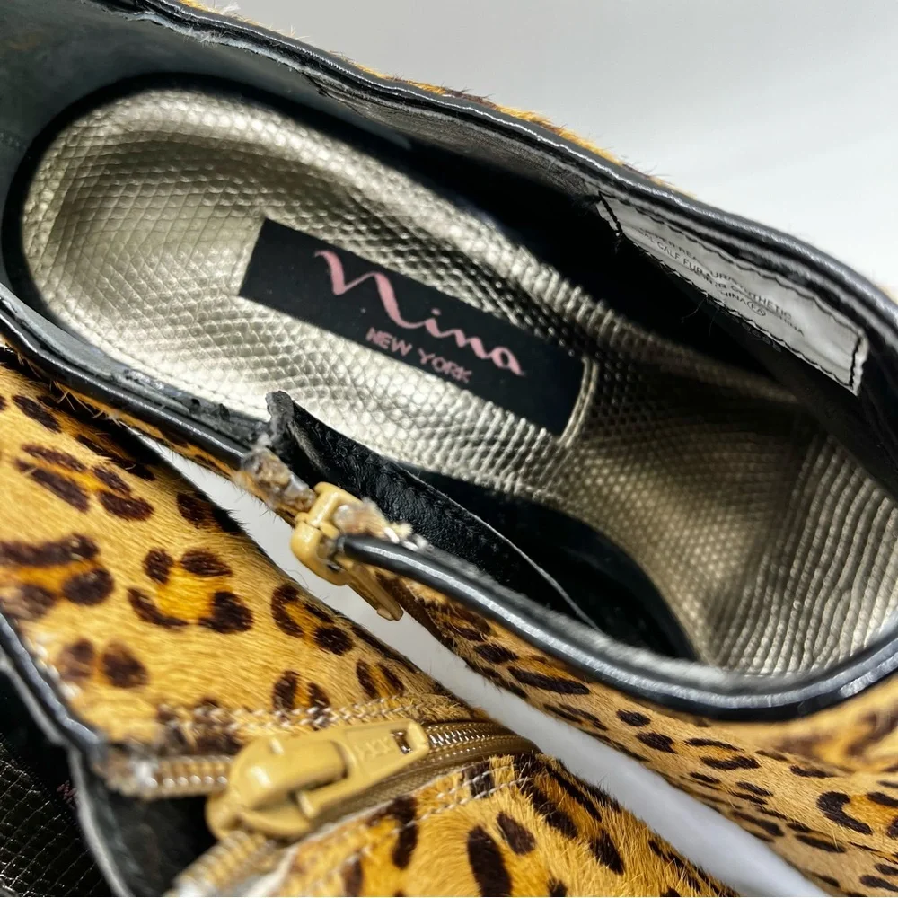 Nina Leopard Print Leather Peep Toe Wedge Heels Size 8 1/2 Women’s Shoes